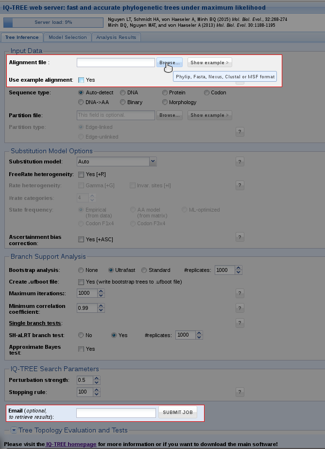 Tree Inference Tab